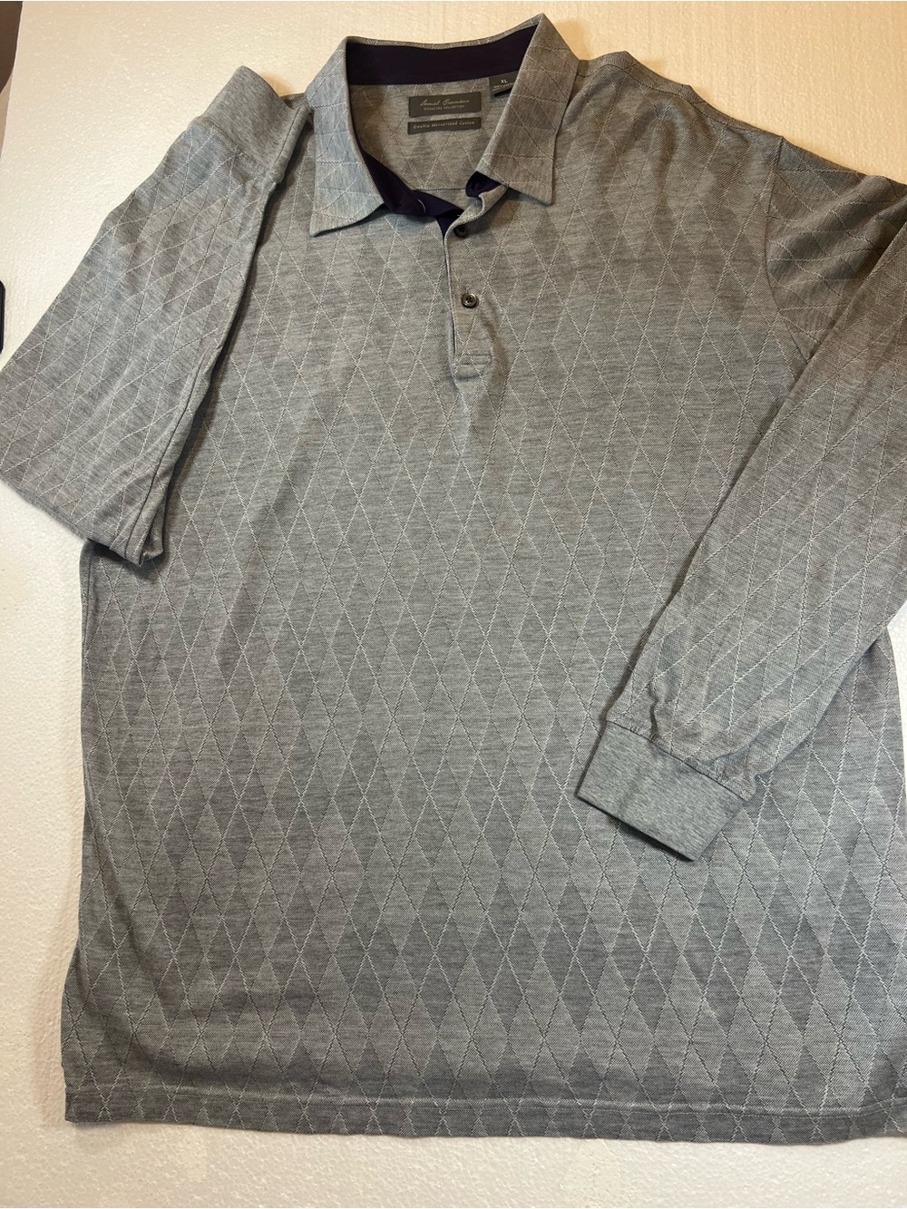 Daniel Cremieux Gray Long Sleeve Polo with Subtle Diamond Pattern Size XL